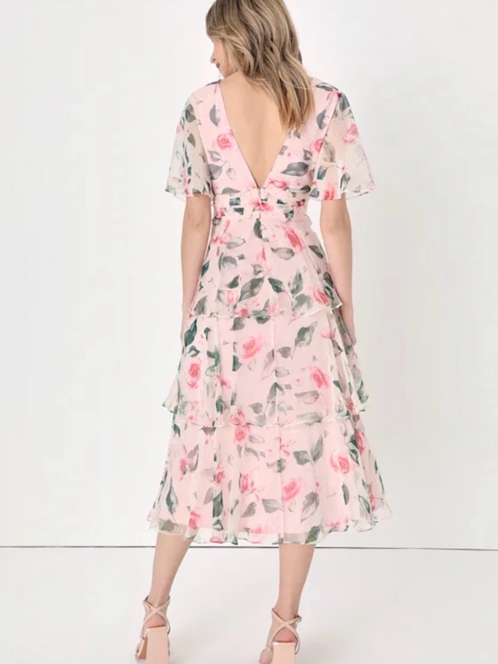 Lulu's Pink Floral Tiered V-Neck Maxi Dress - Picture 4 of 7